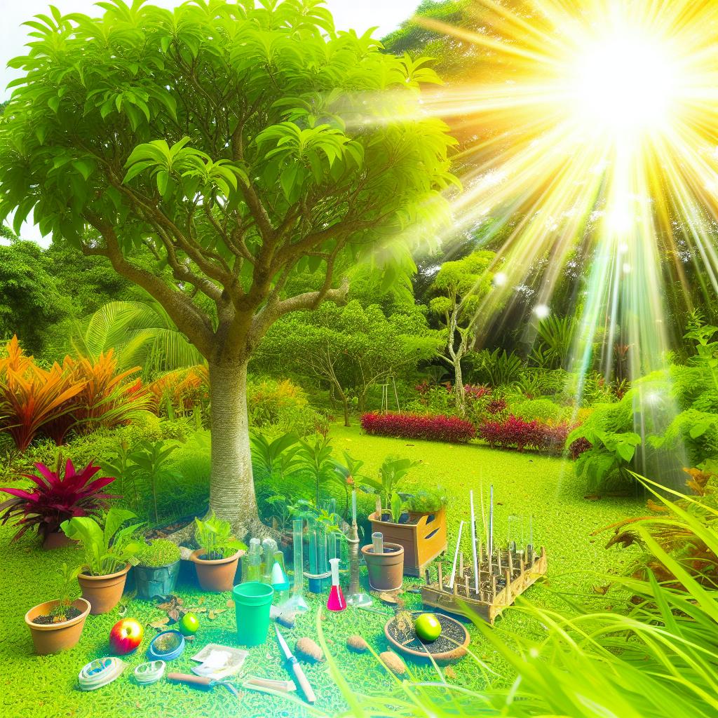 A beautiful image of a peaceful garden with a tree bearing fruit, surrounded by scientific tools and equipment. The sun is shining brightly overhead, casting a warm glow on the scene.