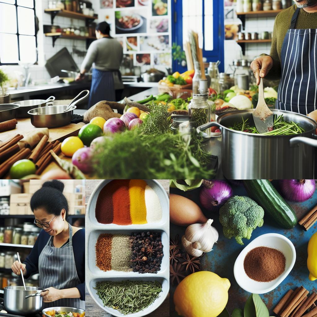 A bustling kitchen filled with a variety of fresh ingredients, colorful spices, and cooking utensils, with aromatic scents wafting through the air.