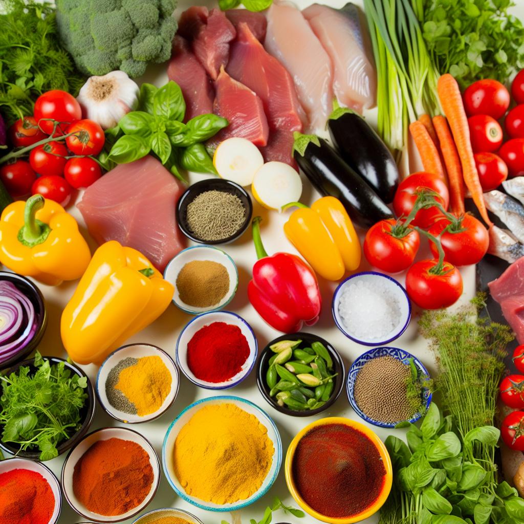 A colorful array of ingredients laid out on a kitchen counter, including fresh vegetables, herbs, spices, and proteins, ready to be cooked into a delicious meal.