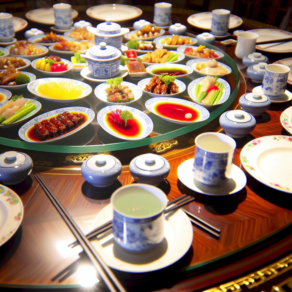 A colorful array of traditional Chinese dishes on a beautifully set dining table, with chopsticks and tea cups placed neatly beside each plate.