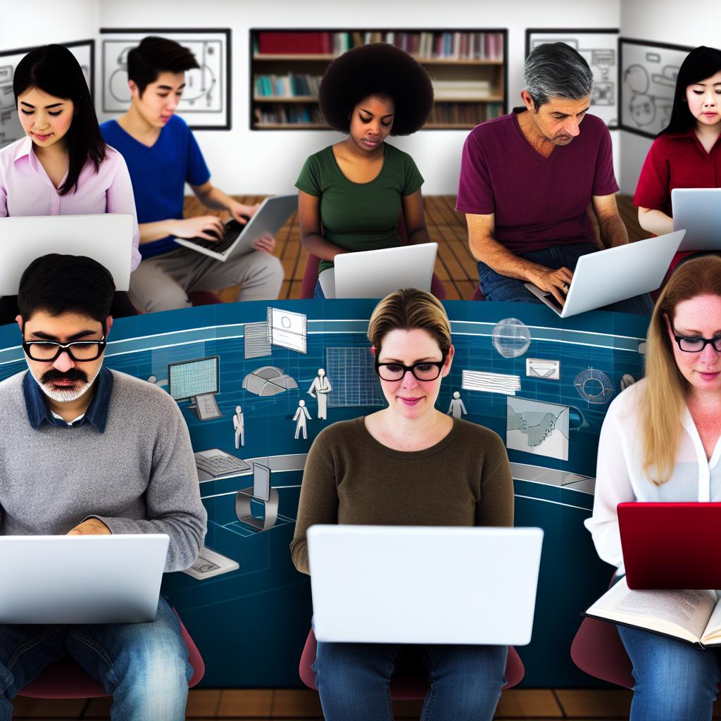 A diverse group of people from various backgrounds engaging with laptops and tablets, surrounded by a virtual classroom environment filled with educational resources and tools.