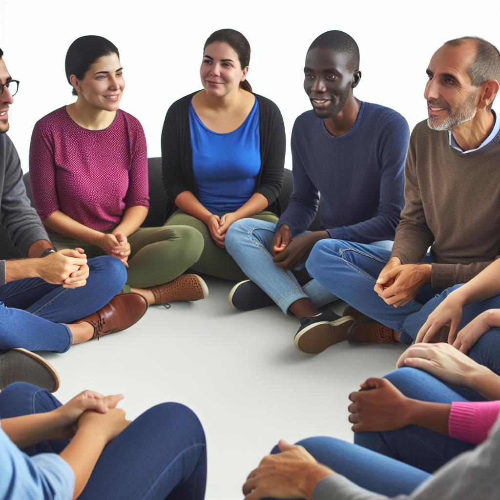 A diverse group of people sitting in a circle, engaged in deep conversation and actively listening to one another. There are smiles and nods of understanding, indicating mutual trust and respect.