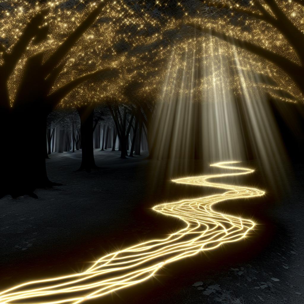 A glowing path made of illuminated Bible verses leading through a dark forest, with beams of light shining down on it from above.