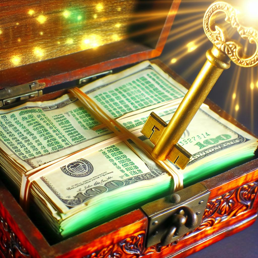 A golden key unlocking a treasure chest filled with stacks of money and financial documents.