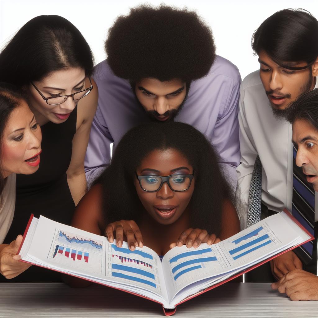 A group of diverse individuals looking at a large, open book filled with financial charts and graphs. They appear engaged and eager to learn.