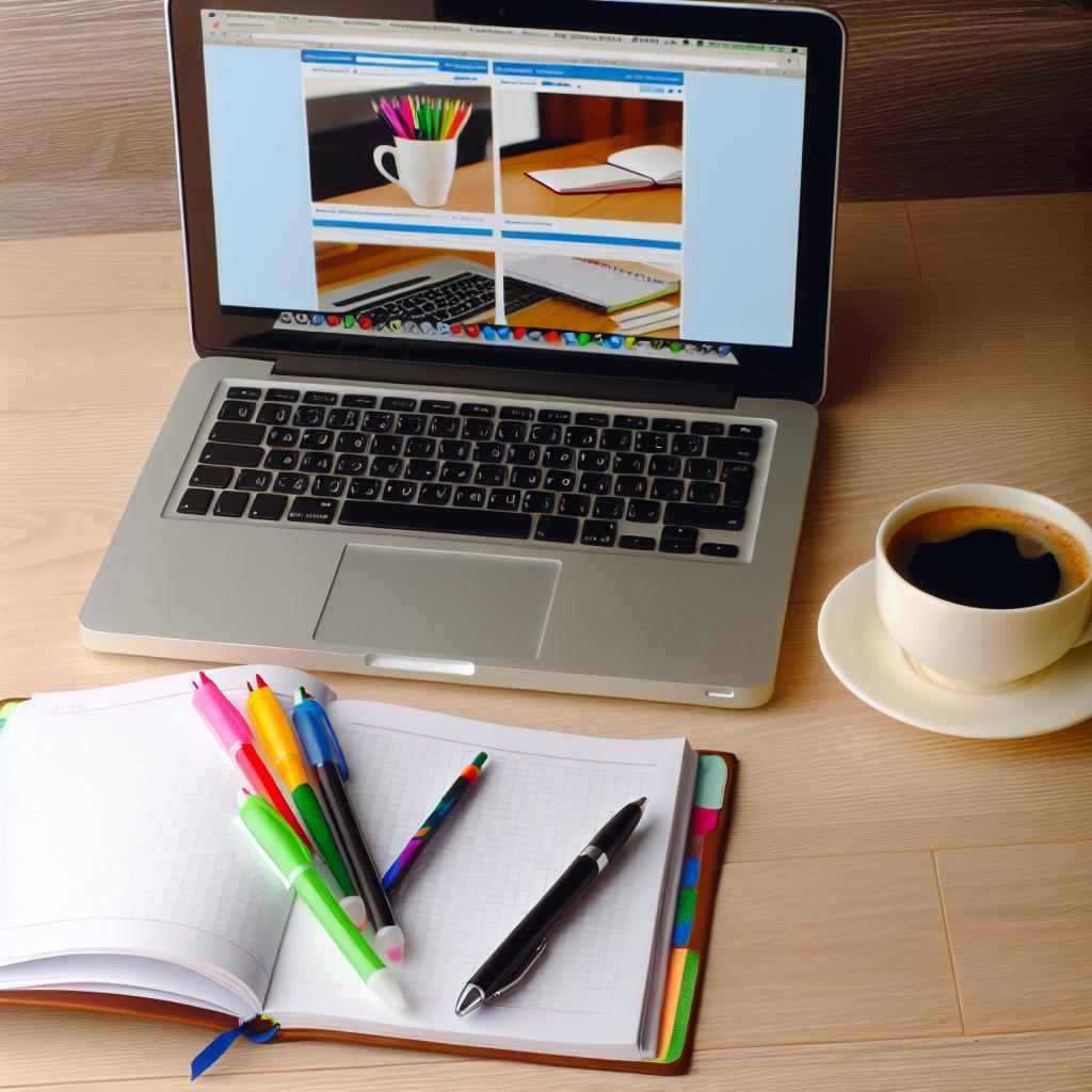 A laptop open with multiple tabs of online course websites, a notebook with colorful pens, and a cup of coffee on a wooden desk.