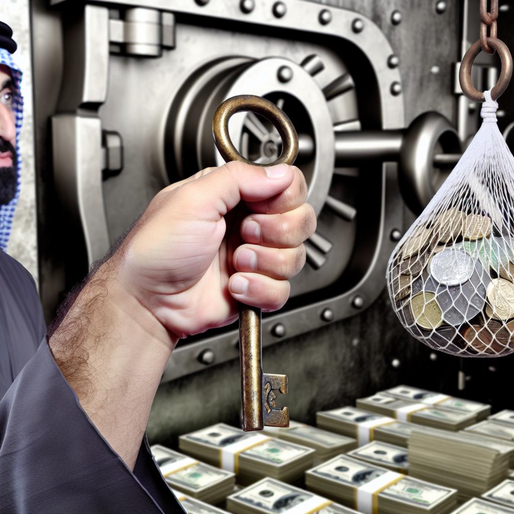 A person holding a key unlocking a vault filled with money and financial documents.