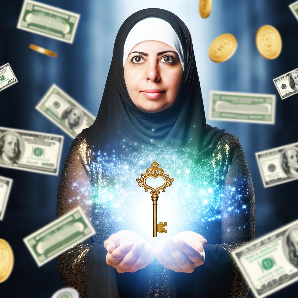 A person holding a key with a glowing light, surrounded by symbols of money and financial security.