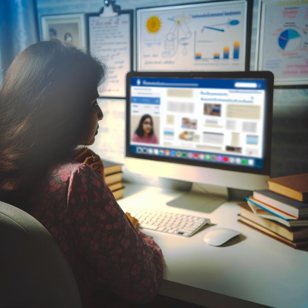 A person sitting at a computer, surrounded by books and notes, with a virtual classroom on the screen showcasing various educational materials.