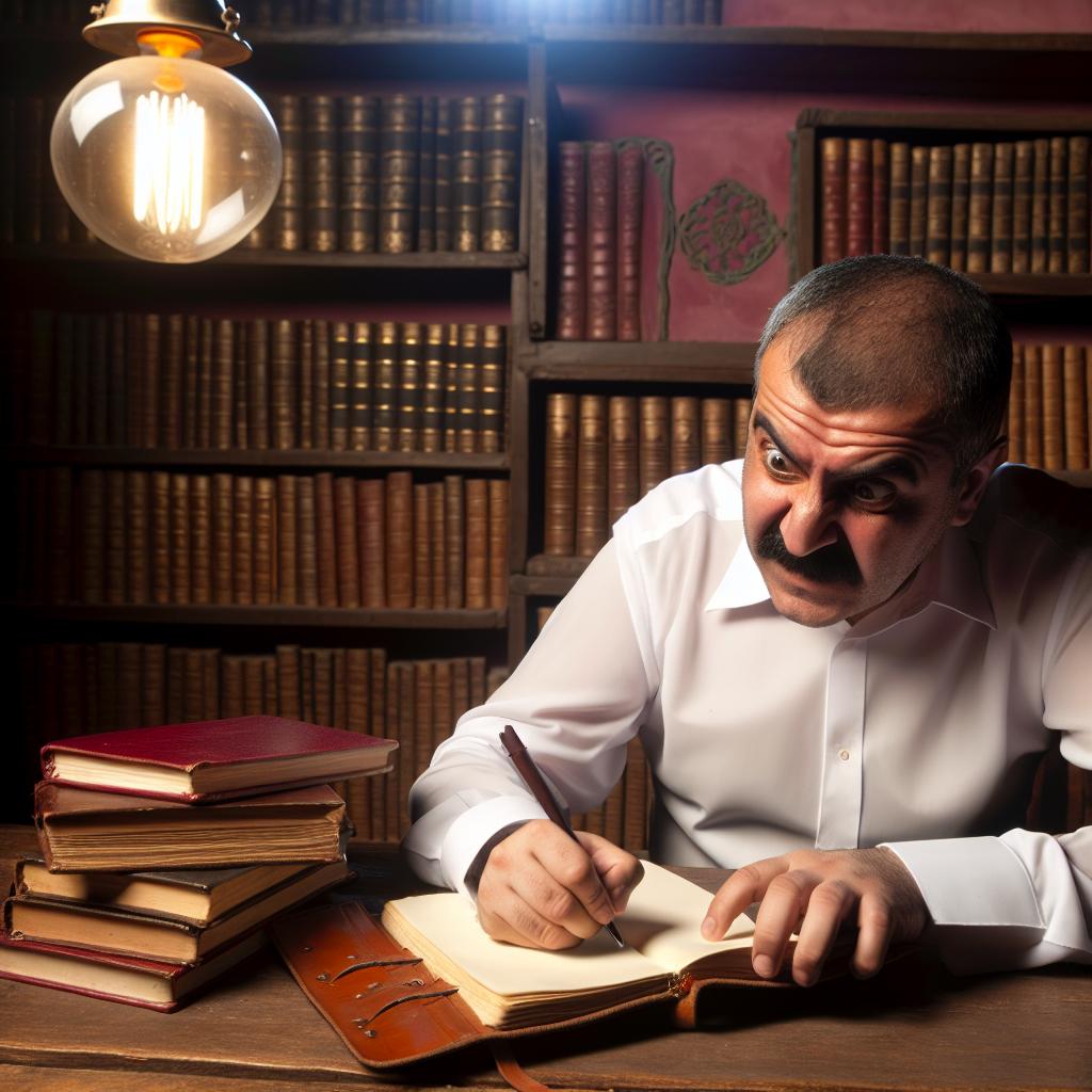 A person sitting at a desk, surrounded by books and a glowing light above their head, writing in a notebook with a look of intense concentration and inspiration on their face.