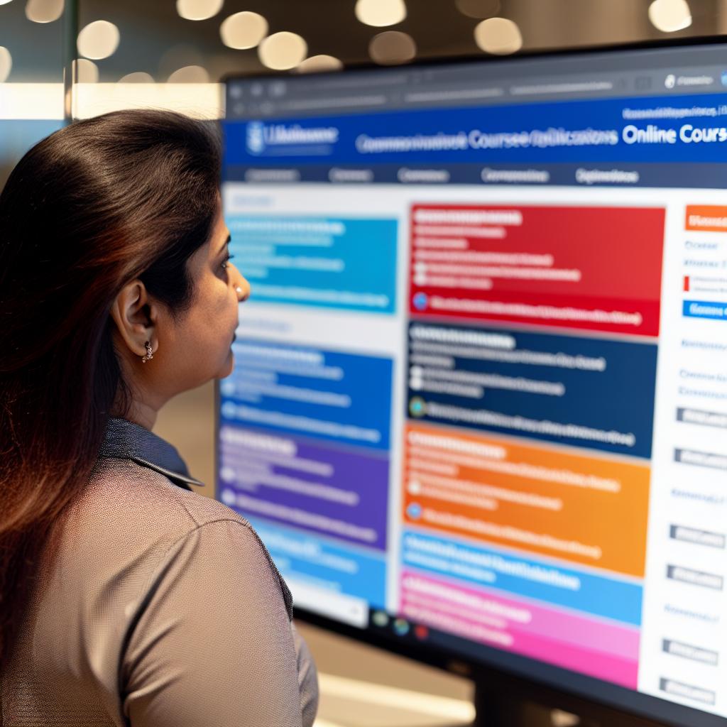 A person standing in front of a computer screen, researching and comparing different online courses. The screen displays various course options and accreditation details.