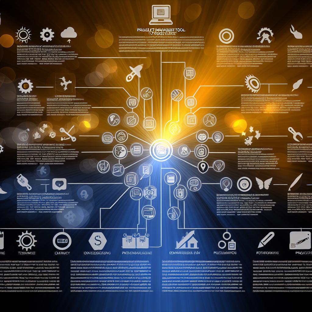 A sleek and modern infographic showcasing various project management tools with icons and descriptions, all surrounded by a glowing aura of productivity.