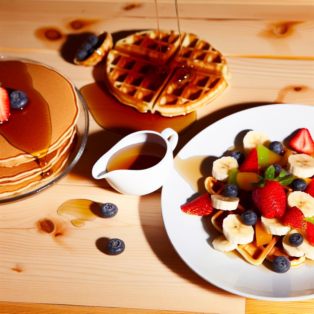 A table set with a plate of fluffy pancakes and a plate of crispy waffles, topped with syrup and fresh fruit.