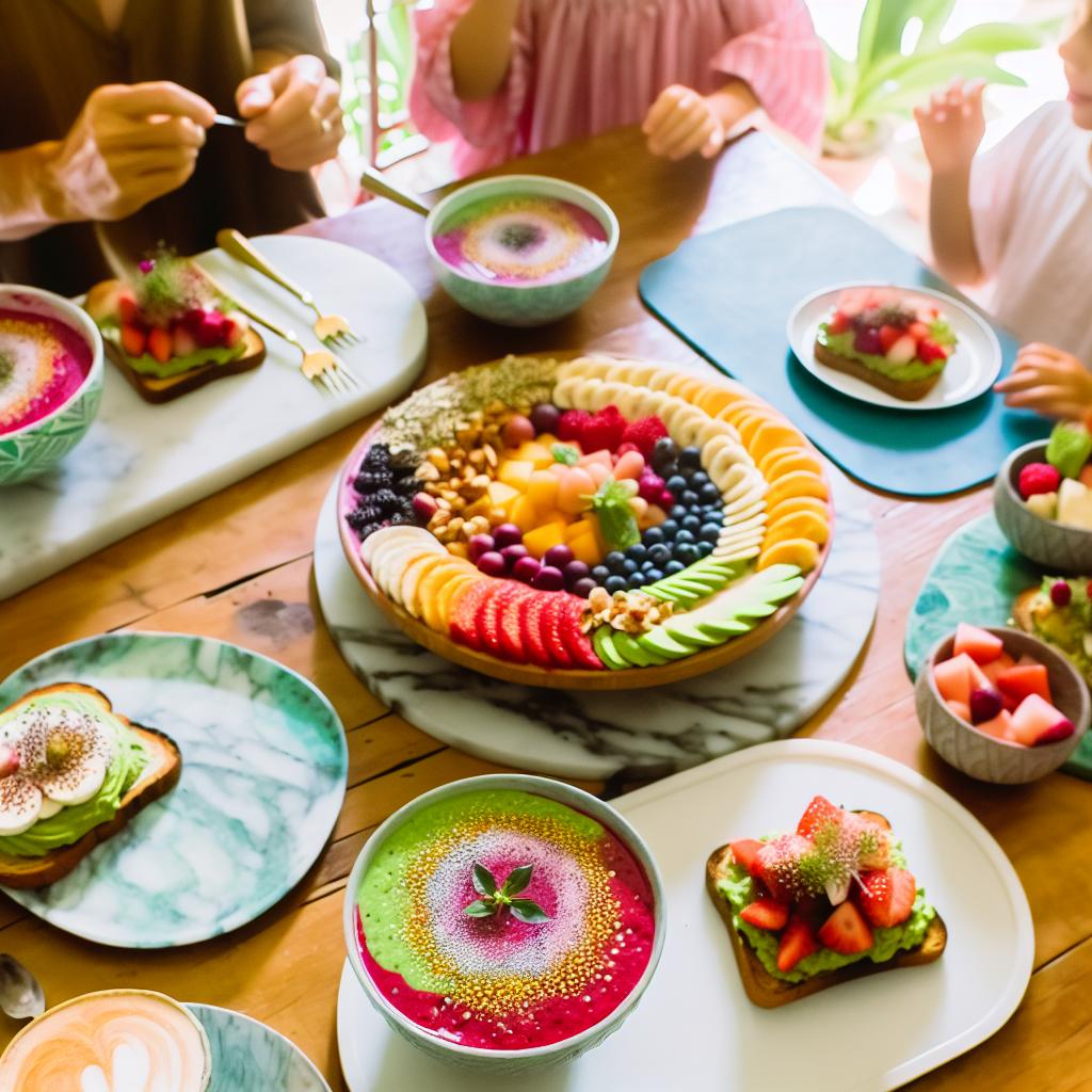 A table set with a variety of healthy and colorful breakfast options, such as smoothie bowls, avocado toast, and fresh fruit salad.