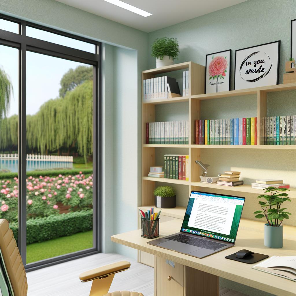 A well-lit study room with a large window overlooking a serene garden, a comfortable desk and chair, organized shelves filled with books and supplies, motivational quotes on the walls, and a laptop open to a study webpage.