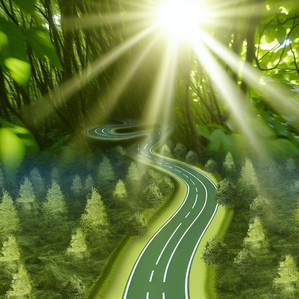 A winding road through a lush green forest, with rays of sunlight breaking through the trees ahead.