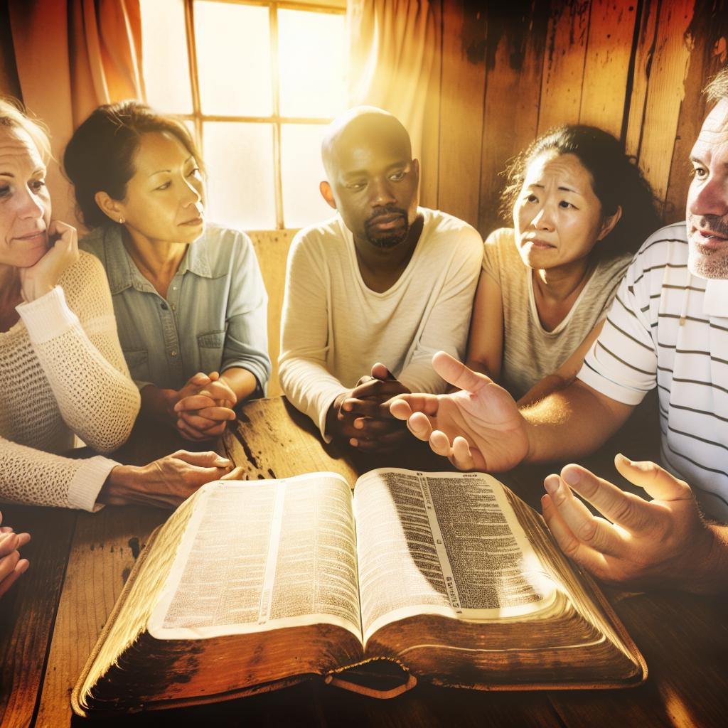 An ancient, weathered Bible open on a wooden table, surrounded by a diverse group of people engaged in deep conversation and reflection. Light streams in through a nearby window, casting a warm glow on their faces.