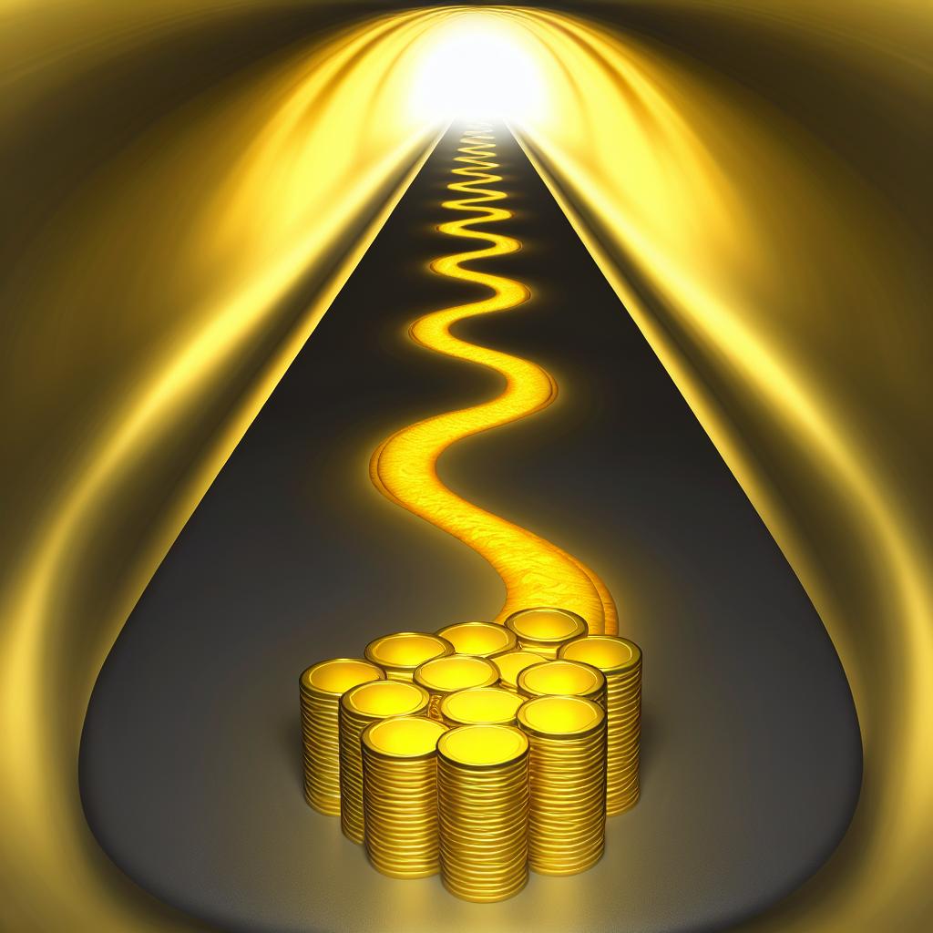 An image of a winding road leading towards a bright, open horizon, with a stack of coins symbolizing wealth at the end of the road.