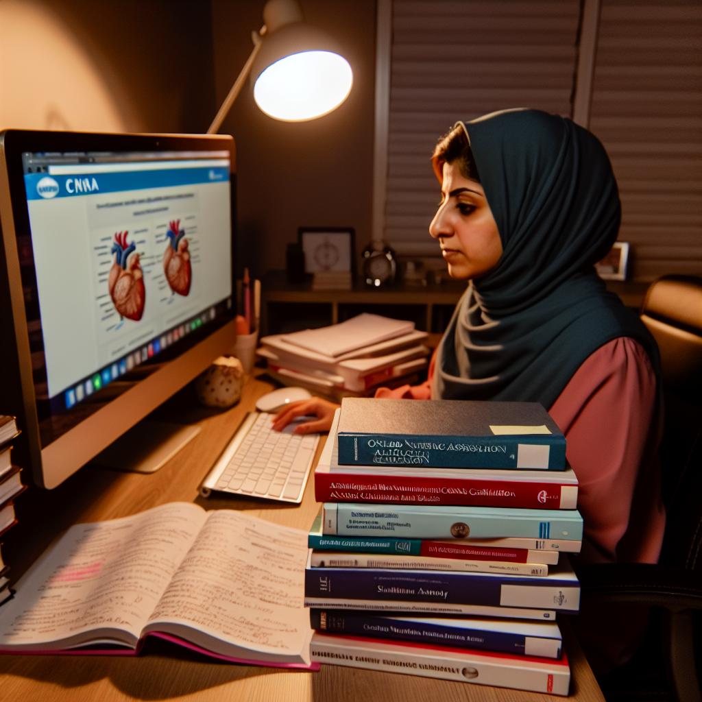 An individual sitting at a computer, engaged in an online CNA certification course, surrounded by medical textbooks and notes.